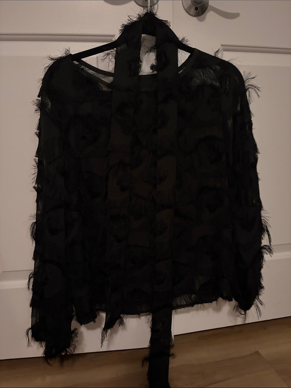 Black Feather-Trim Long Sleeve Women's Top